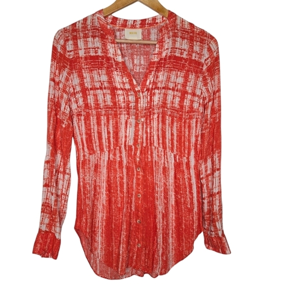 Maeve Anthropologie Calia Printed Pleated Button Down Tunic Top Size 2 Orange - Picture 1 of 9